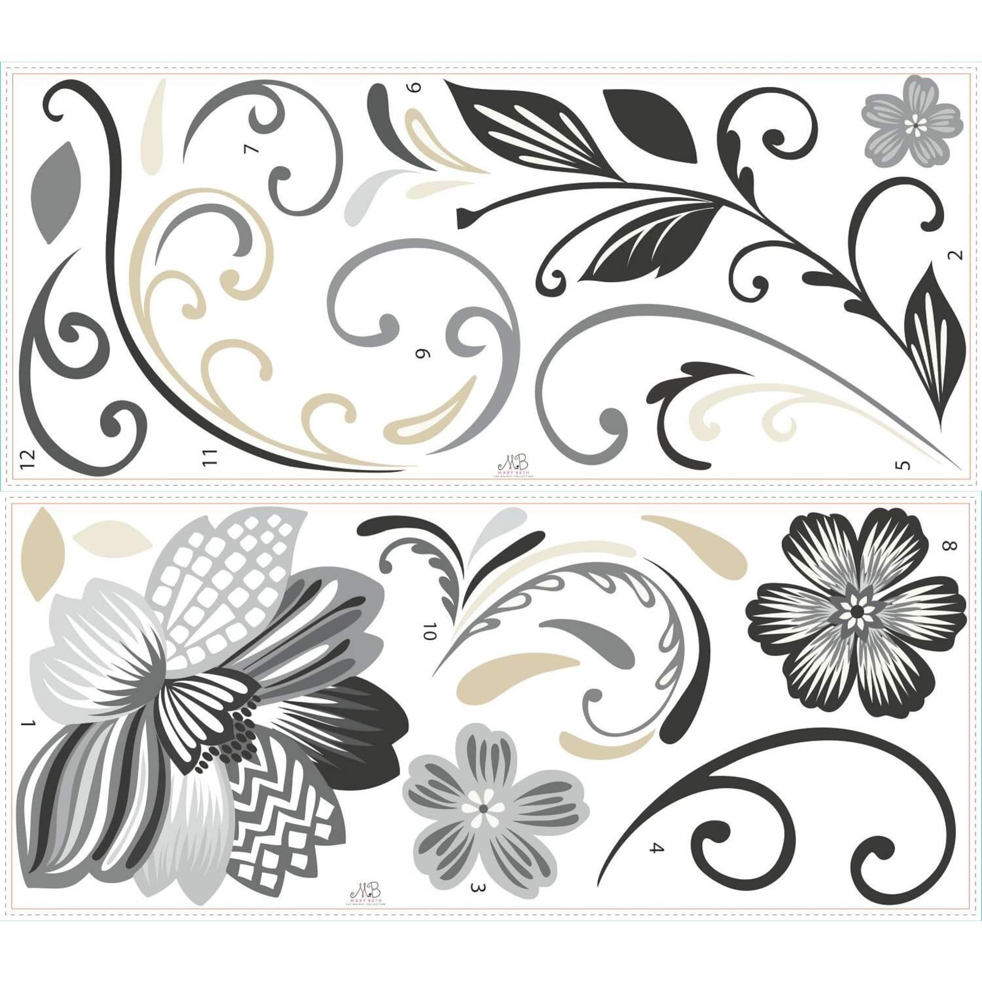 RoomMates Black & White Flower Scroll Peel & Stick Wall Decals